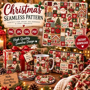 May include: A Christmas-themed seamless pattern featuring a grid of festive squares with snowmen, Santa Claus, gingerbread men, red trucks, and holiday text. The design is displayed on a gift box, a ceramic mug, a zippered pouch, and two coasters.