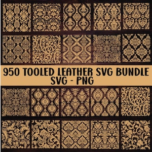 May include: A selection of ornate patterns in brown and gold, resembling tooled leather. The image showcases various floral and decorative designs, with the text "950 Tooled Leather SVG Bundle SVG - PNG".