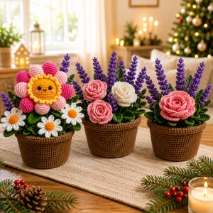 Patrón de maceta de ganchillo, flores de ganchillo hechas a mano, regalo de Navidad con flores de hilo, decoración del hogar, regalo floral, lavanda, rosa, margarita, regalo de inauguración de casa