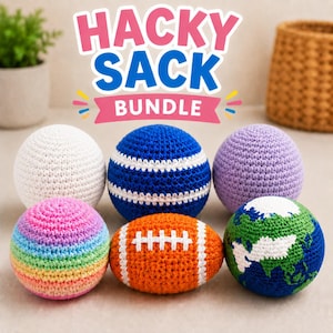 May include: A collection of six crocheted hacky sacks including a solid white sphere, a blue sphere with white stripes, a solid lavender sphere, a rainbow striped sphere, an orange football shape with white laces, and a globe-patterned sphere.