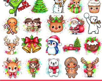 May include: A selection of vibrant Christmas-themed clipart. The illustrations feature a Grinch, Christmas tree, snowman, reindeer, Santa Claus, penguin, gingerbread person, and other festive characters. The text at the bottom reads "CHRISTMAS CHARACTERS CLIPART PNG SVG - PNG - DXF - JPG - PDF."