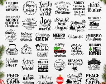 May include: A collection of black and white Christmas-themed digital designs featuring various holiday phrases like Merry and Bright, Joy to the World, and Peace on Earth, alongside illustrations of Santa, reindeer, trucks, and ornaments.