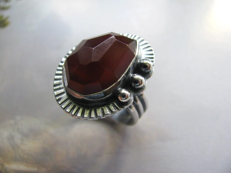 Artisan Sterling Silver Ring, Large Red Carnelian, Hammered Metalwork, Size 8.5, Handmade Fashion Accessory image 4