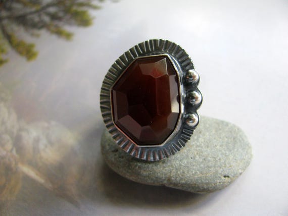 Artisan Sterling Silver Ring, Large Carnelian Ring, Dark Red and Silver Ring, Handmade Fashion Accessory, Metalwork Ring Size 8.5