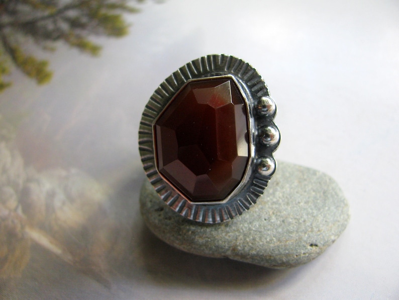 Artisan Sterling Silver Ring, Large Red Carnelian, Hammered Metalwork, Size 8.5, Handmade Fashion Accessory image 1