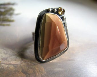 Handmade Sterling Silver Ring, Rose/Brown Imperial Jasper and Citrine Ring Size 7.5