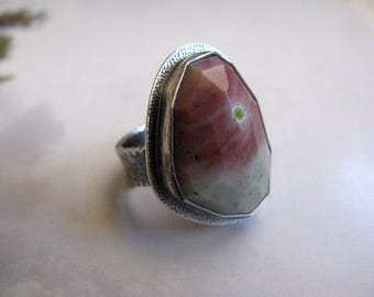 Artisan Sterling Silver Ring, Ocean Jasper Gemstone Ring, Unique Handmade Silver Jewellery, Metalwork Ring Size 8