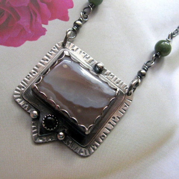 Artisan Sterling Silver Necklace Pendant, Handmade Silver Jewellery, Botswana Agate and Jade Pendant, Unique One Of A Kind