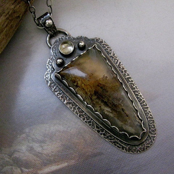 Plume Agate Pendant, Handmade Sterling Silver Necklace, Large Earthy Color Stone,