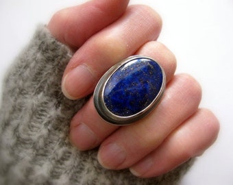 Sterling Silver Ring, Lapis Lazuli Gemstone Ring, Large Blue Stone Ring, Handmade Silver Jewellery, Oval Ring Size 7 1/2