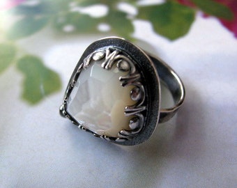 Sterling Silver Ring, Mother of Pearl Ring, Metalwork Jewelry, White Ring Size 9, Unique Artisan Handcrafted