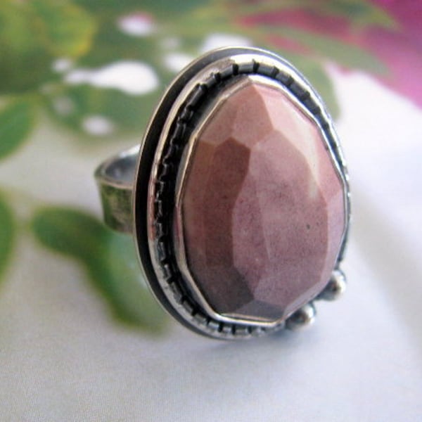 Sterling Silver Ring, Artisan Statement Ring, Dusty Pink Stone Ring, Handmade Unique One Of A Kind