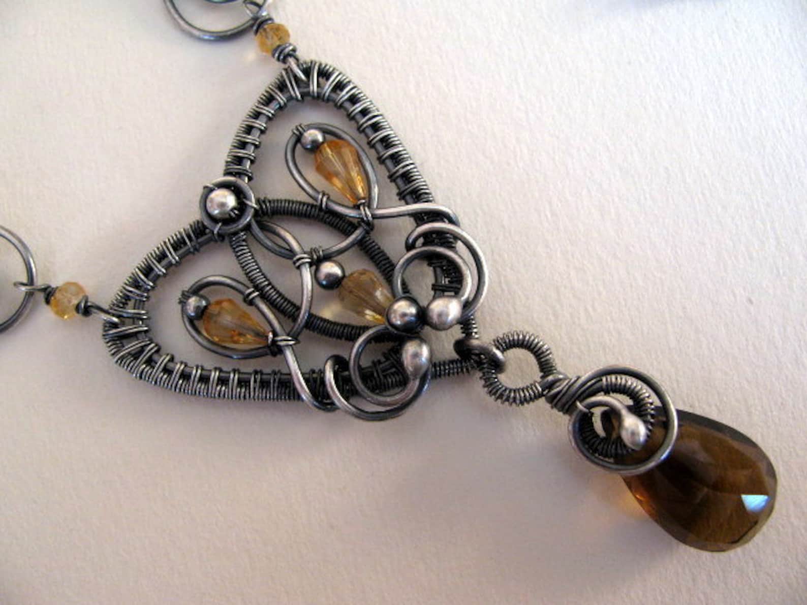 Wire Wrapped Sterling Silver Necklace Pendant Handmade Brown Etsy