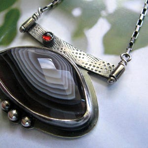 Sterling Silver Pendant Necklace, Large Gemstone Pendant, Grey and Red, Unique Metalwork Jewelry, Handmade, Artisan, Modern, Classy