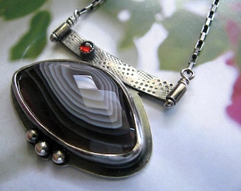 Sterling Silver Pendant Necklace, Large Gemstone Pendant, Grey and Red, Unique Metalwork Jewelry, Handmade, Artisan, Modern, Classy