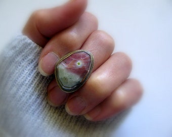 Artisan Sterling Silver Ring, Ocean Jasper Gemstone Ring, Unique Handmade Silver Jewellery, Metalwork Ring Size 8