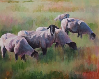 Grazing Original acrylic painting 24 x 18 inches canvas Sheep painting Sheep in field grazing Barn Sheep art Farm decor Farm animal decor