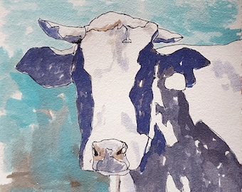 Cow print 11 x 14 of original watercolor painting cow painting cow print cow art cow decor holstein cow black and white cow farmstyle art