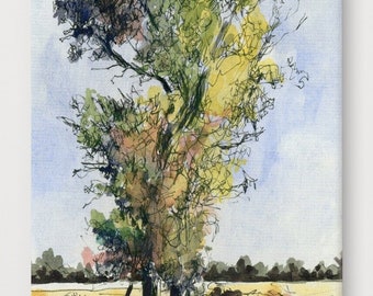 Pen and Watercolor canvas print of an original painting. Study of a tree. Trees are strong, rooted, and stand tall.