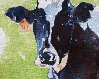 Cow Print of original watercolor painting 13 x 19 Cow art Cow picture Cow Print Holstein cow print Holstein painting Black and white print