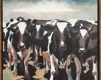 Original oil painting on wood Cow art Cow painting Black and white cows group of cows herd Country art