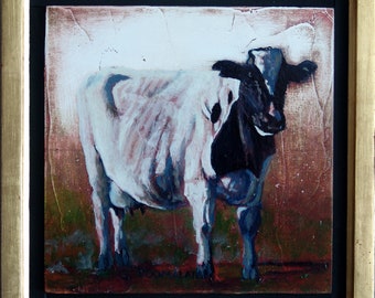 Unchanged original oil painting 10.5 x 10.5  Cow oil painting Cow art Black and white cow Holstein cow art Holstein cow painting Cow decor