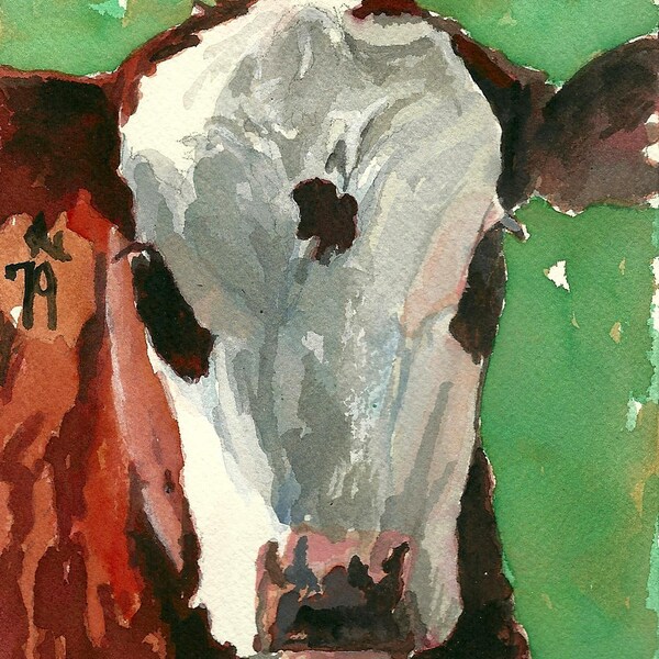 Cow painting Cow PRINT of original watercolor painting 5 x 7 matted Print paper cow art white faced calf print spotted cow