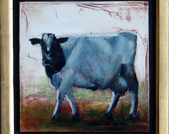 Find Rest original oil painting 10.5 x 10.5  Cow oil painting Cow art Black and white cow Holstein cow art Holstein cow painting Cow decor