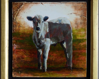 With Glory Original oil painting on wood panel cow painting cow art calves calf painting nursery art baby art