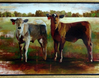 Tagged in Red 26.25 x 41 in. Original oil painting on wood Cow painting Cow oil painting Cow art Baby cows Nursery art Farmhouse style decor