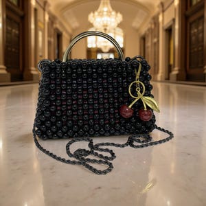 Zia Pearl Purse – Elegant Black Beaded Pearl Evening Bag with Cherry Charm – Luxurious Handcrafted Bridal Wedding and Mother’s Day Gift