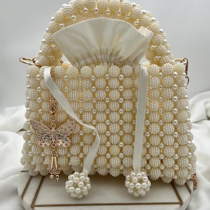 Elegant Pearl Handbag,Unique Beaded Bag, Bridal Purse, Ivory  Black Beaded Bag,Janiss Brand Bags, Luxurious Prom Handbag,Wedding Evening bag