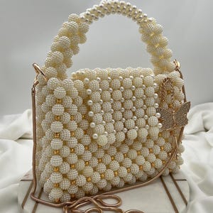Elegant Pearl Handbag,Unique Beaded Bag, Bridal Purse, Ivory  Black Beaded Bag,Janiss Brand Bags, Luxurious Prom Handbag,Wedding Evening bag