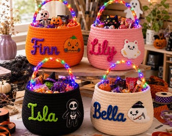 Personalisierter, beleuchteter Halloween-Korb, LED-Henkel-Süßigkeitentüte für Kinder, individueller „Boo“-Korb, Halloween-Süßigkeiteneimer für Kleinkinder