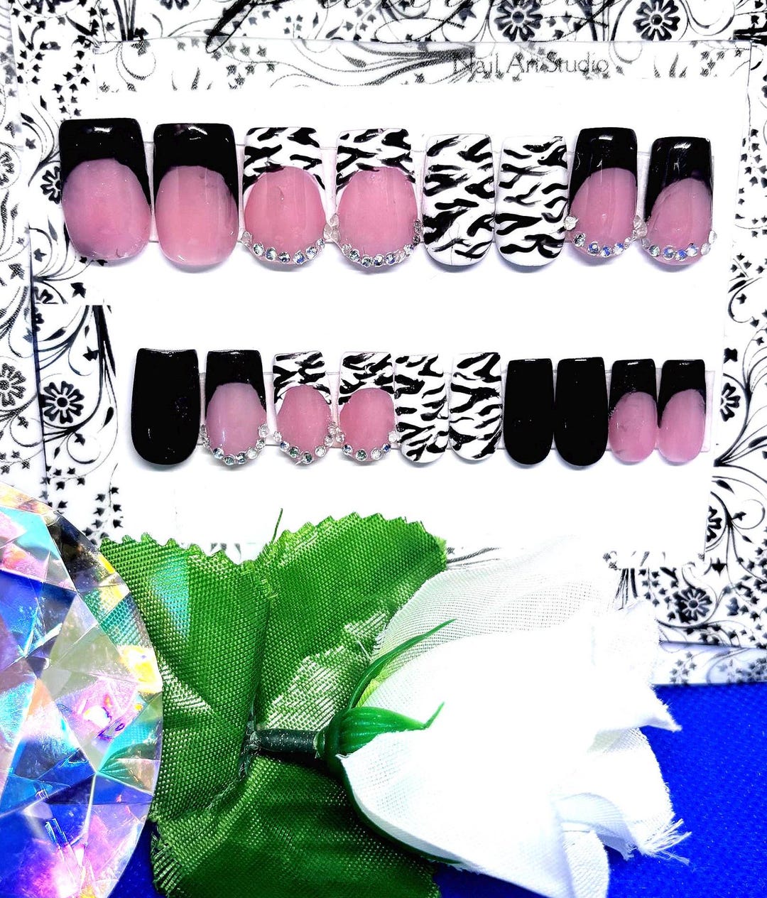 Zebra Print Black and White 22pcs French Tips With Gem Accents Press on ...