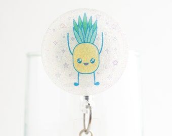 Happy Pineapple Badge Reel, Retractable, White Iridescent Glitter, Kawaii, ID Holder, RN Badge Holder, Retractable Key Holder, SMJBG1014