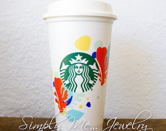Starbucks Tropical Leaves Reusable Hot Cup, Coral, Mermaid, Aloha, Grande, Custom Name, Limited Edition, Personalized Cup SMJSC3044
