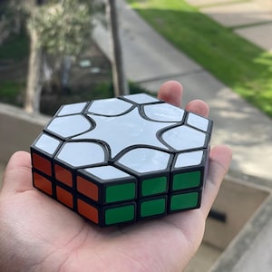 May include: A multi-sided puzzle toy with a unique shape. The puzzle features white, black, green, orange, and red sides. The toy is held in a hand, with a blurred outdoor background.