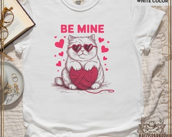 Camiseta de gato, "Cat Valentine Be Mine", camiseta vintage para mamá gata, regalo para amantes de los gatos, divertida camiseta con gráfico de gato, ropa linda para mujer