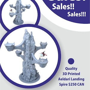 May include: A 3D printed gray Aeldari Landing Spire with four landing pads. The spire is on sale for $250 CAD.  Sales! Sales!! Sales!!!