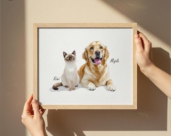 Custom Pet Portrait: Personalized Watercolor Dog or Cat Artwork with Wood Frame