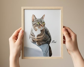 Custom Watercolor Pet Portrait: Cat Memorial Gift, Dog & Cat Art with Wood Frames