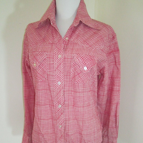 1970s INDIA IMPORTS Red White Glen Plaid Cotton Button Down Western Style Shirt Small