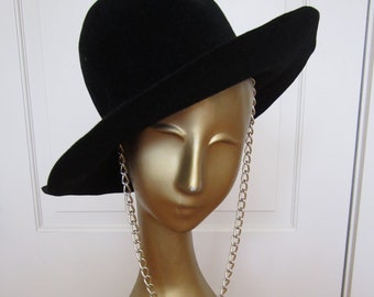 1960s ADOLFO II Black Felted Wool Floppy Brim Hat with Gold Tone Chain Accent Mod Bohemian Chic