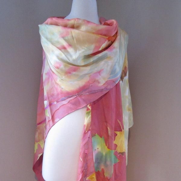 Watercolor Silk Abstract Maple Leaf Pattern Cape/Shawl/Wrap Gold, Rose, Green One Size