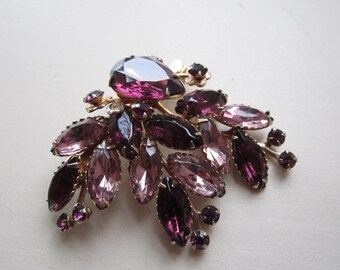 1950s CATHE Purple and Lilac Rhinestone Cluster Pin with Marquis/Tear Drop and Round Stones 2.5"x2.5"