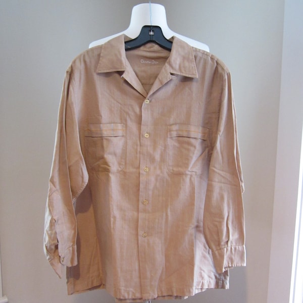 1960s CHRISTIAN DIOR Mens Golden Tan Cotton Button Front Shirt w/Gold Metal Buttons Size Small/Medium