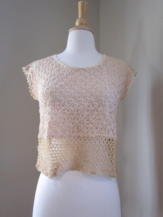 1950s WEBER Original Beige Crochet Knit Top w/Ope… - image 1