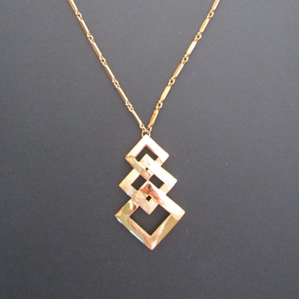 1960s MONET Gold Plated Geometric Modernist Style Pendant w/Bar Link Chain Signed 27"