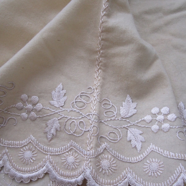 Antique 1800s Victorian Era Pale Yellow Wool Fabric Remnant with Tonal Floral Embroidery and Scalloped Edge 66"x17"